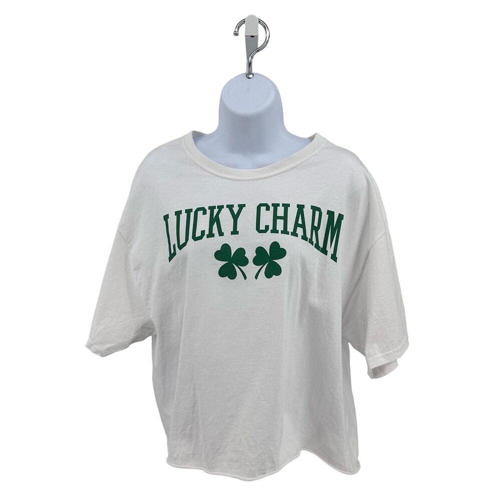 Mighty Fine Graphic Crop T SZ Large WMNS Lucky Charm T-shirt Cropped Tee SS Crew